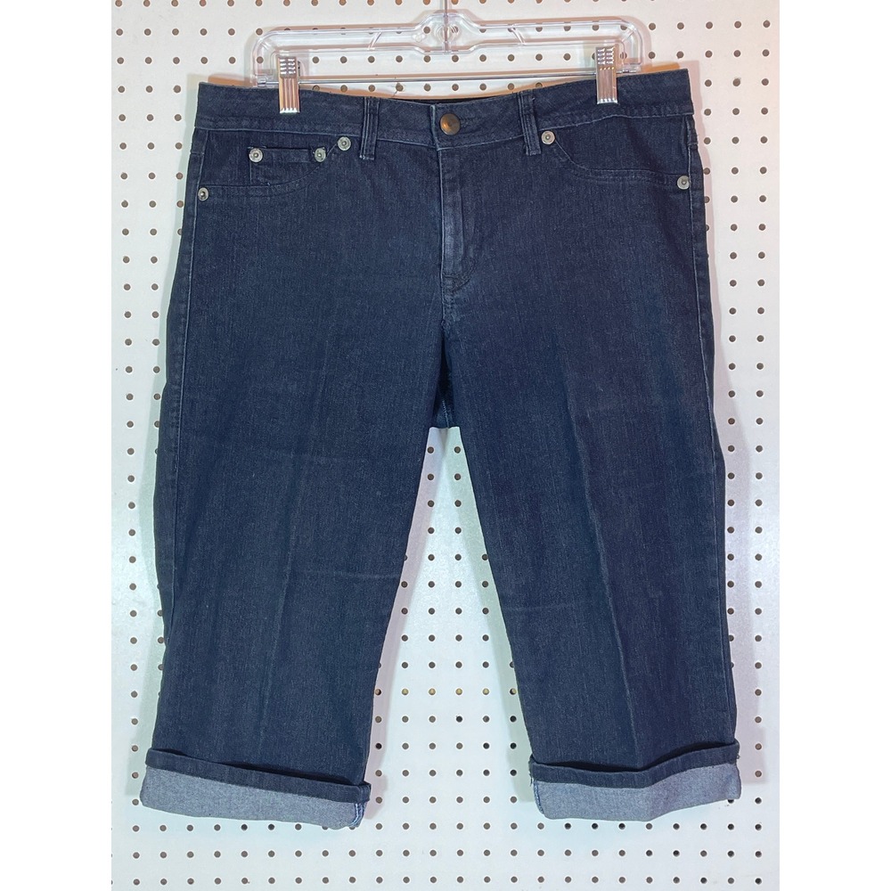 Fade to Blue Women Indigo Denim Capri Jeans Size 12 Cuffed Flap Pocket Cropped